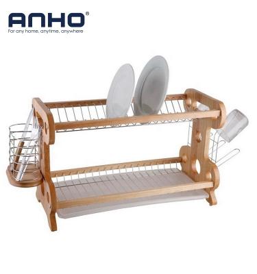 China Viable Hot Sale 2-Tier Kitchen Dish Cup Wooden Dish Drying Rack Ray Cutlery Dish Drainer On Counter for sale