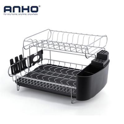 China Viable Hot Sale 2 Tier Dish Drying Rack For Kitchen Counter Top Dish Drainer Cup Holder Cutlery Rack for sale