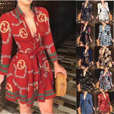 China IF-369 Anti-Static Ladies Office Dresses Women Knee Length Formal Floral Print Bodycon Long Sleeve Dress Elegant Women for sale