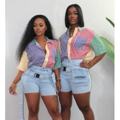 China IF-174 Anti-pilling ladies blouses tops striped short sleeve summer tops woman 2021 plus size fashion shirt blouse for women for sale