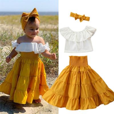 China LFQ-31 Kids Casual Dress Set Off Shoulder Top+Pleated Children Clothing Set Summer Girls Dress Flower Baby Dress Set for sale