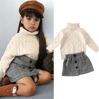 China IF-82 casual babies clothing sets little kids fall clothing 2021 sweater+plaid skirt baby flower girl knitting dresses for sale