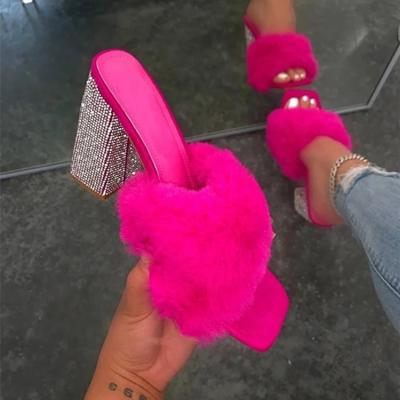 China LFZ-275 Women Anti-slippery Shoes Wholesale Women's Fur High Heels Luxury Faux Stone High Heel Sandals Shoes For Women for sale