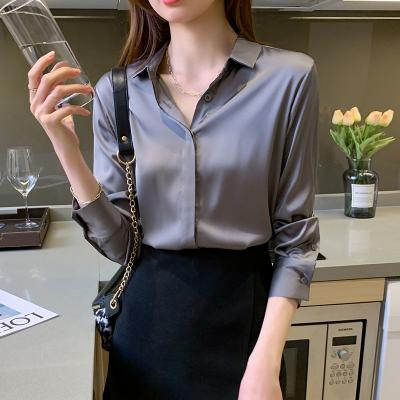 China Autumn Spring Fashion Breathable Vintage Women's Satin Blouse Shirt White Lady Long Sleeves Female Loose Elegant Shirts for sale