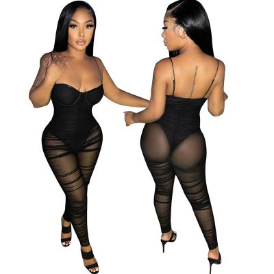 China Wholesale Sexy Anti Wrinkle Lady Jumpsuit Women Sling Sheath See Through Overalls Mesh Breathable Bodycon Black Jumpsuits for sale