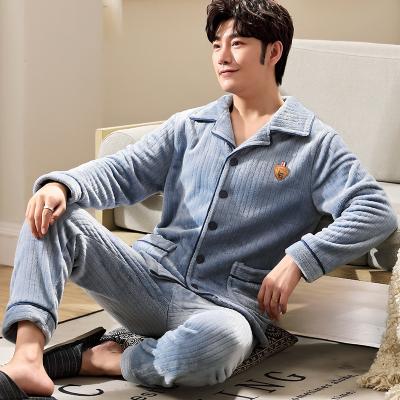 China Men Plus Size Plus Size 3XL Gray Nightwear Long Sleeve Winter Thicken Flannel Warm Pajamas Sets Long Soft Panties Sleepwear Male for sale