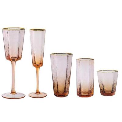 China Nordic Luxury Food Grade Safe Wares Hammer Gold Plated Transparent Gold Rim Champagne Juice Cup Wine Glasses for sale