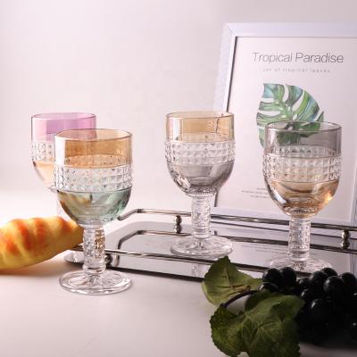 China Food grade ware wedding wine glass cup safe colorful high quality handmade vintage embossed goblet glass for sale