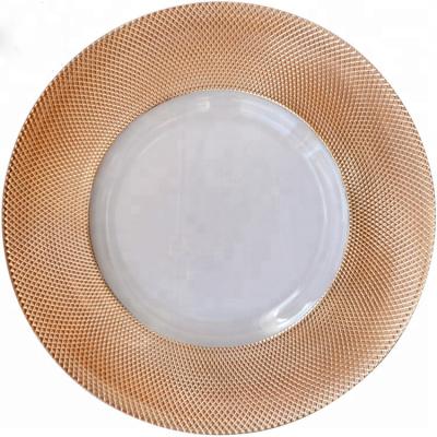 China Viable Popular Glass Plates China 13 Inch Glass Trivets Wedding Decorative Antique Charger Plates for sale