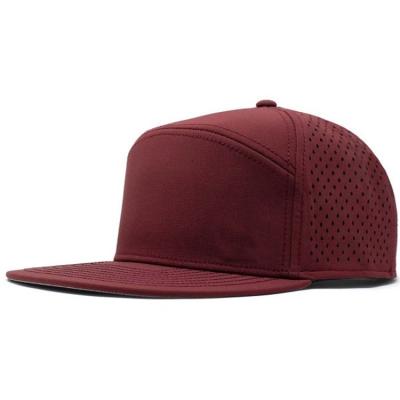 China 6-Panel Hat Cheap Custom 6 Panel Polyester Quick Dry Laser Cut Hat Breathable Perforated Hole Hat Flat Brim Snapback Cap for sale