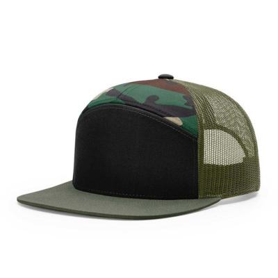 China 7-Panel Hat Flat Brim Cap Patch Logo 7 panel Mesh Trucker Hat for sale