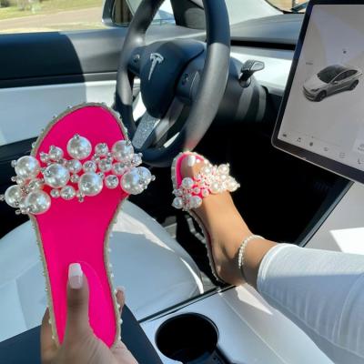 China CUSHIONING New Items Fashion Outdoor Summer Hemp Rope Sandals Rhinestone Slide Pearl Slippers Women Flat Sandals for sale