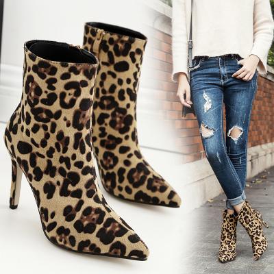 China Women's Autumn Stiletto Toe High Stiletto Heel Leopard Print Suede Thermal Boots for Women and Ladies for sale