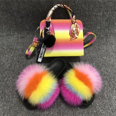 China CUSHIONING wholesale ladies handbag and slippers sets fur slides and matching purse for women with purse set for sale