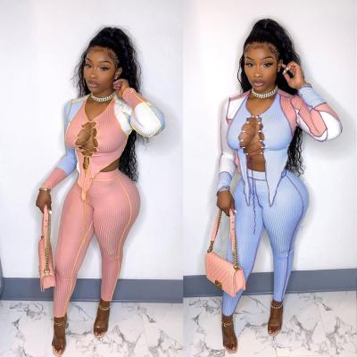 China 2021 QUICK DRY Autumn Casual Set Women Clothing Plain Two Piece Set Hollow Out Tracksuits Skinny 2 Piece Set For Women for sale