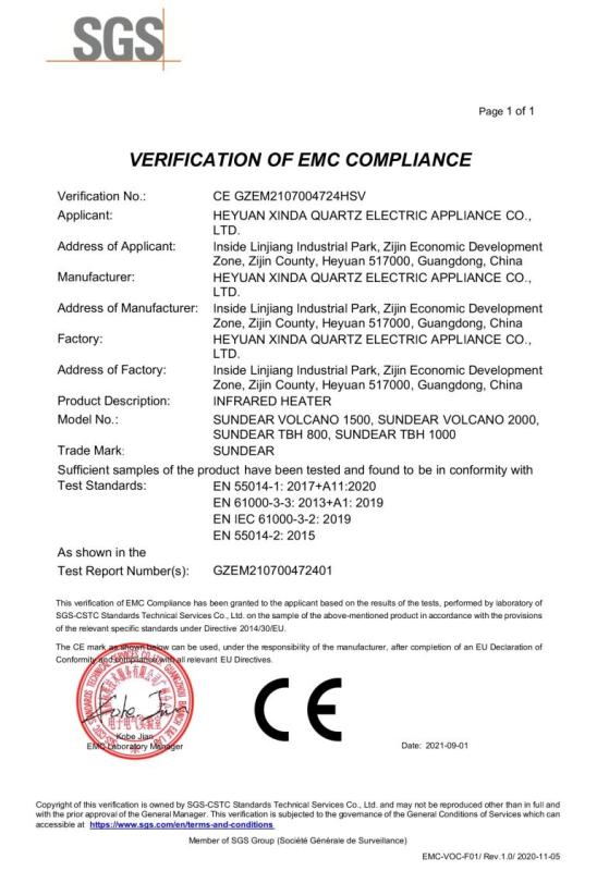 CE - Heyuan Xinda Quartz Electric Appliance Co., Ltd.