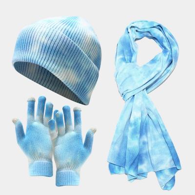 China JOINT Blue Color Tie Dye Gloves And Scarf Knitted Winter Sport Beanies Set for sale