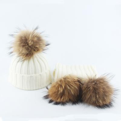 China COMMON White Color Kids Beanies Baby Hat And Scarf With Pom Pom for sale