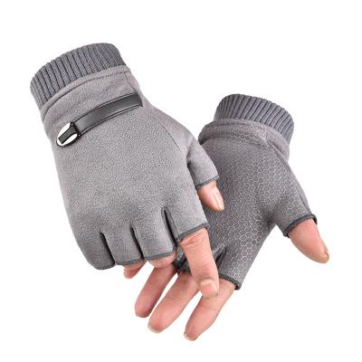 China Soft Mens Winter Gloves Suede Leather Fabric Half Finger Cold Riding Gloves for sale