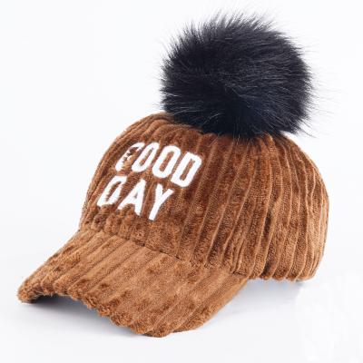 China JOINT Custom Logo Winter Kids Corduroy Baseball Caps With Pom Pom for sale