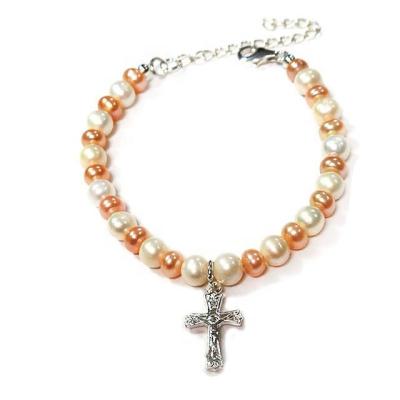 China Religious Natural White Pink Silver Jesus Cross Bracelet 925 Sterling Silver Freshwater Clasp Dangle Dangling Bead for sale