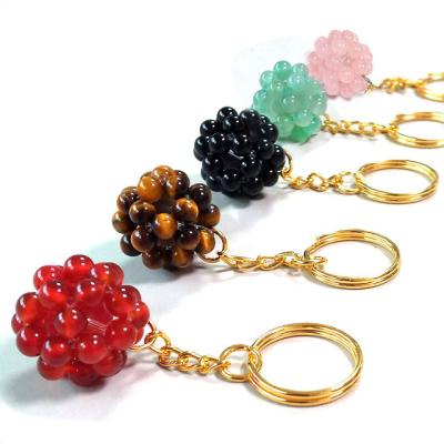 China Handcrafted Natural Tiger Eye Carnelian Ball Key Chain Stone Onxy Aventurine Rose Quartz Handwork Gemstone Stone Keychain for sale