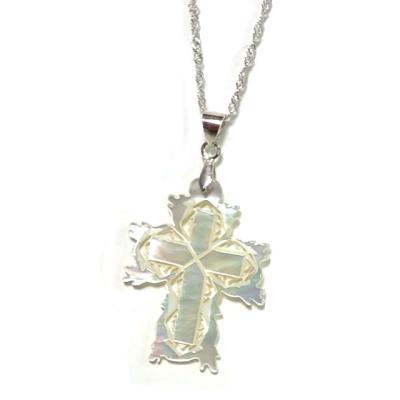 China Religious Shell Pendant Natural White Pearl Necklace Handcrafted Carved Shell Cross Crafts Cross Charm 925 Silver Chain for sale