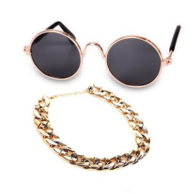 China Viable Pit Bull Dog Sunglasses With Gold Hats Chain Collar Small Dog Cat Sunglasses PGS02 for sale