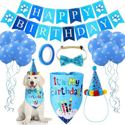 China Viable Blue Pink Birthday Supplies Set Flag Balloon With Cute Doggie Pet Bandana Collar Birthday Bandana For Dogs for sale