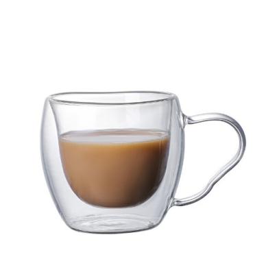 China Double Safe Glass Milk Heat Insulation Food Grade Transparent Glass Cup With Handle Household Flat Ear Coffee Mug for sale