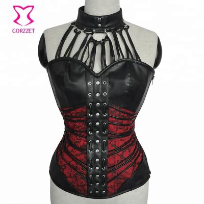 China Red Breathable Faux Leather Gothic Steampunk Overbust Halter Corset With Straps Circle Buckles for sale