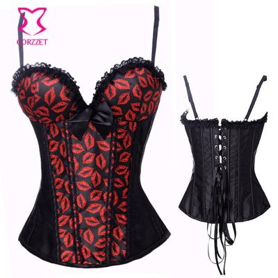 China Antibacterial Wholesale Corzzet Ed Lips Pattern Black Satin Strap Overbust Corset And Dress for sale