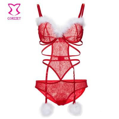 China Red Corzzet Breathable Christmas Plus Size Lingerie Set With White Feather Cups And Garters Women Underwear All-in-one Bra And Brief Set for sale