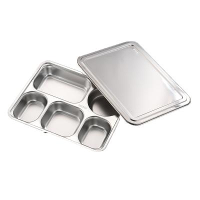 China Stainless Steel Sustainable Lunch Box 5 Compartment Dinner Dish Rectangular Divided Portion Set Tray With Lids for sale