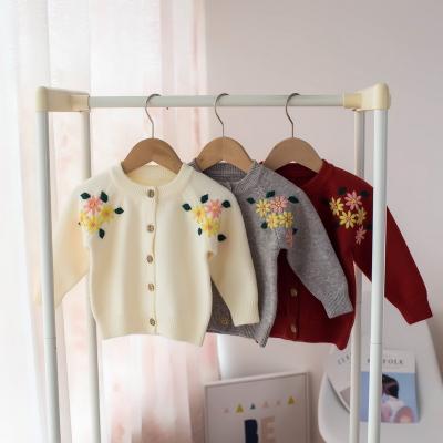 China Y742 Autumn/Winter 2021 Breathable Children's Sweater Girl Solid Color Round Neck Flower Embroidery Cardigan for sale