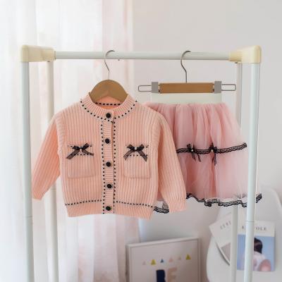 China T186 Autumn/Winter 2021 Kids Breathable Sweater Set Girls Solid Color Bow Cardigan Lace Skirt Two-piece Set for sale