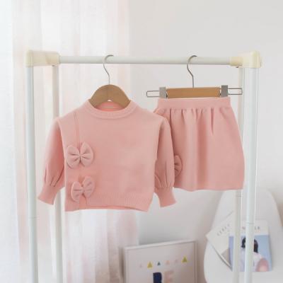 China T152 Wholesale Best Selling Autumn Winter Children Breathable Sweater Set Girls Bow Check Skirt Two Piece Set for sale