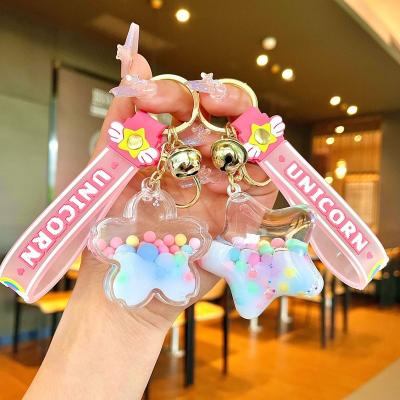 China Kawaii Plastic Luminous Cute Custom Quicksand Liquid Filled Glitter Crystal Keychain Acrylic Custom Liquid Key Chain for sale