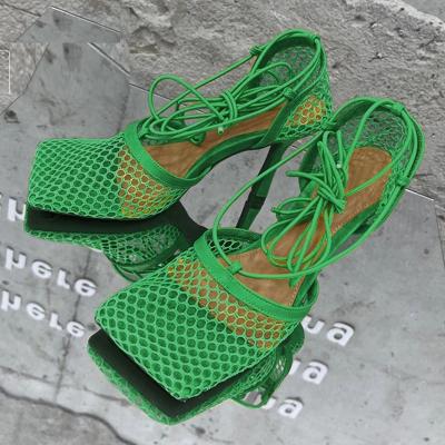 China The trend Mesh Pumps Sandals Female Square green sexy Toe High Heel Lace Up fashion Cross-tied hollow stiletto size 35-42 elegant shoes for sale