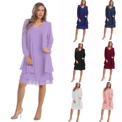 China Anti-Static Low MOQ 2 Piece Latest Design Elegant Long Plus-size Spring/Summer Women Bodycon Chiffon Sleeve Maxi Dress 2 Pieces for sale