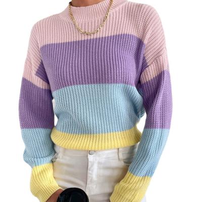 China Anti-wrinkle lazy style loose sweater strips Autumn New Women contrast round neck sweater fashion ladies sweater for sale