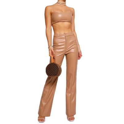 China Amazon style QUICK DRY warm European and American two-piece wome of new autumn and winter women's PU sling vest leather straight pants suit for sale