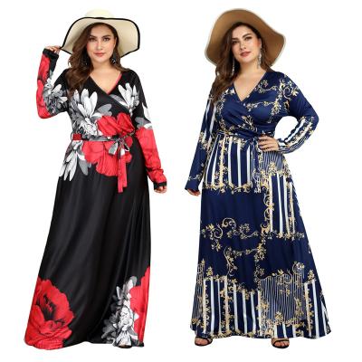 China Anti-Static Design Women Long Sleeve Dresses Fall V-Neck Clothing Plus Size Two Colors Long Dresses High Waist for sale