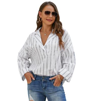 China Loose Lady Office Women Shirt Anti-wrinkle Autumn Striped Lapel Long Sleeve Sweater Tops Fashion Clothes for sale