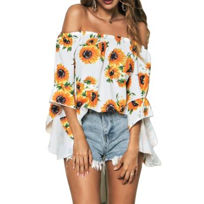 China Latest Designed Anti-wrinkle Summer Tops Flare Half Sleeves Women Sunflower Off Shoulder Womens Blouses for sale