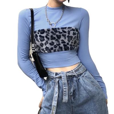 China QUICK DRY New Arrive Leopard Splice Waffle Knit Sheath Long Blouse Women Tops for sale