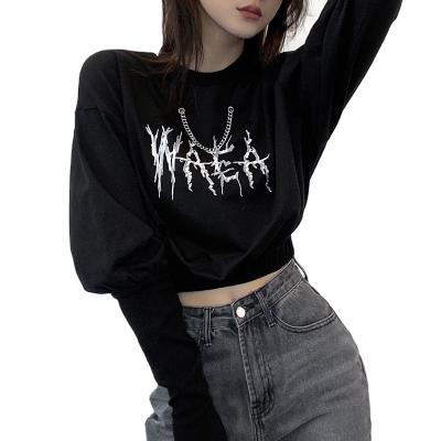 China Anti-wrinkle Women's Rockmore Cropped Stylish Sweatshirt Around Neck Letter Print Chain Drop Shoulder Long Sleeve T-shirt for sale