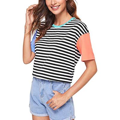 China Other Summer Fashion T-shirt Patchwork StripeWoman T-shirt Stylish Women Tops Female Casual T-Shirts for sale