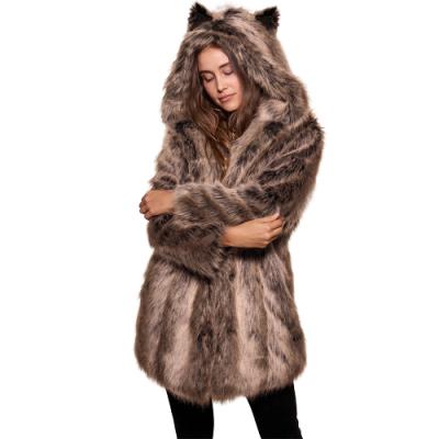 China Cute Leopard Mid Length Long Sleeve Anti-wrinkle Faux Fur Coat Winter Hat High Waist Fashion Autumn Women Coat for sale