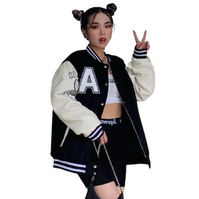 China Korean Style Anti-wrinkle Letter Embroidery Contrast Color Design Baseball Jacket Quilted Fashionable Jacket Women Loose Jacket Uniform for sale